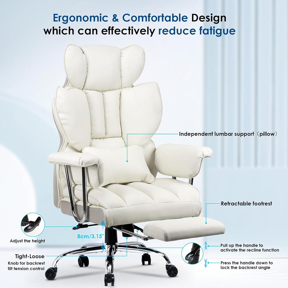 Rattrix White Leather Ergonomic High Back Swivel Office Chair with Footrest Image 5