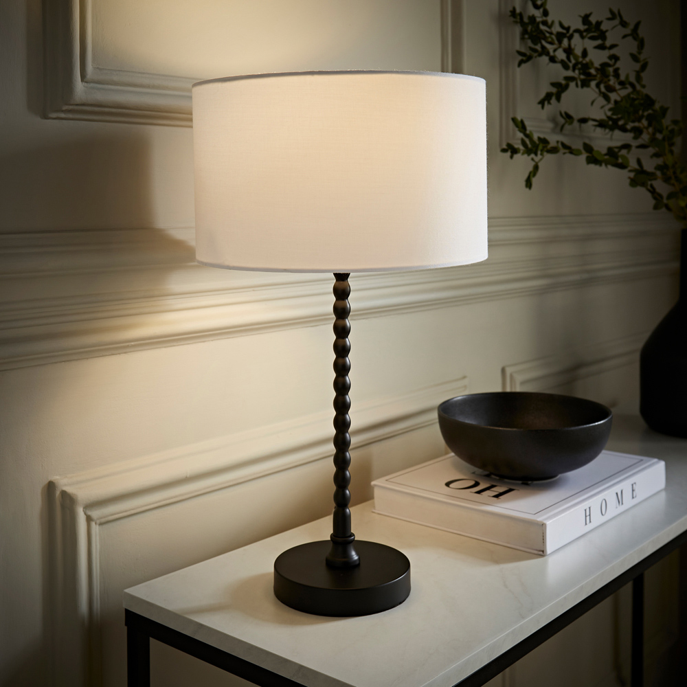 ValueLights Maeve White and Matte Black Fabric Drum Shade Bobbin Bobble Table Lamp and Bulb Image 2