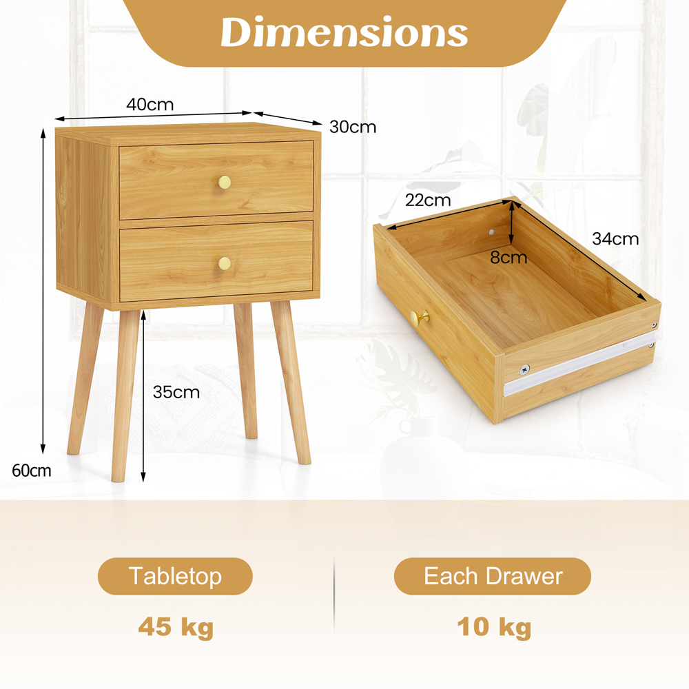Costway 2 Drawer Natural Wooden Nightstand Image 9