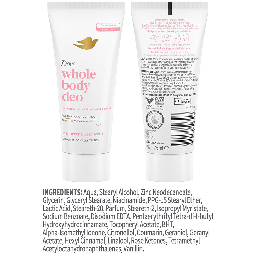 Dove Whole Body Raspberry and Rose Odour Protection Deodorant Cream 75ml 6 Pack Image 9