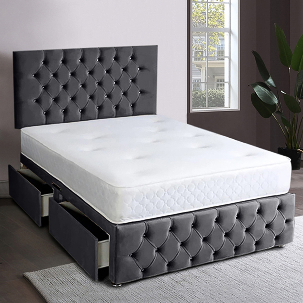 Eleganza Home Serenova King Size Steel Plush Velvet 2 Drawer Divan Bed with Headboard Image 1