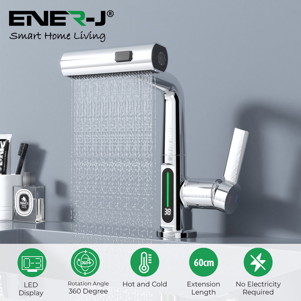 Ener-J Single Hole Chrome Pull Out Waterfall Kitchen Tap with LED Display Image 5