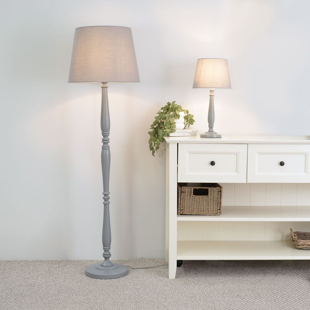 ValueLights Victoria Grey Tapered Drum Shade Grey Wood Traditional Stem LED Table Lamp Image 4