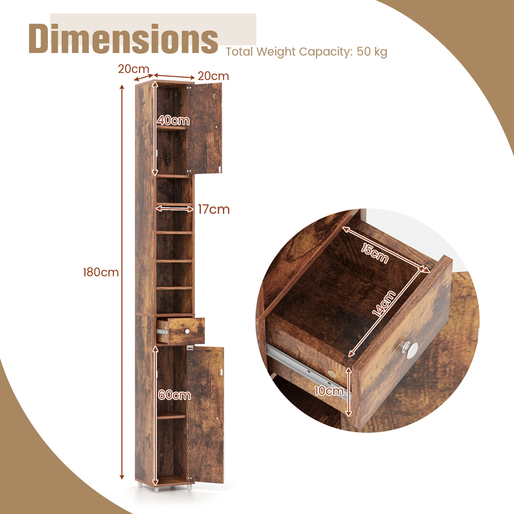 Costway Single Drawer 2 Door 5 Shelf Rustic Brown Tall Freestanding Bathroom Cabinet Image 9