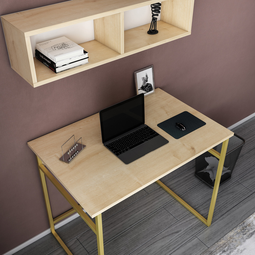 Decorotika Hussum Computer Desk with 2 Section Wall Shelf Gold and Oak Image 4