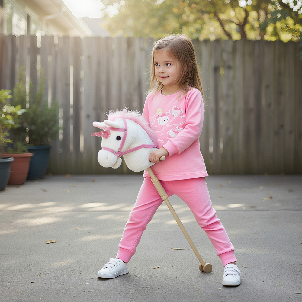 Tommy Toys AIYAPLAY White Ride On Wooden Stick Horse Toy with Wheels Pony Sound Effects Image 4