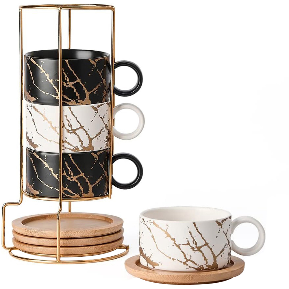 Living and Home 12 Piece White and Black Marble Ceramic Coffee Cup Set with Stand Image 3