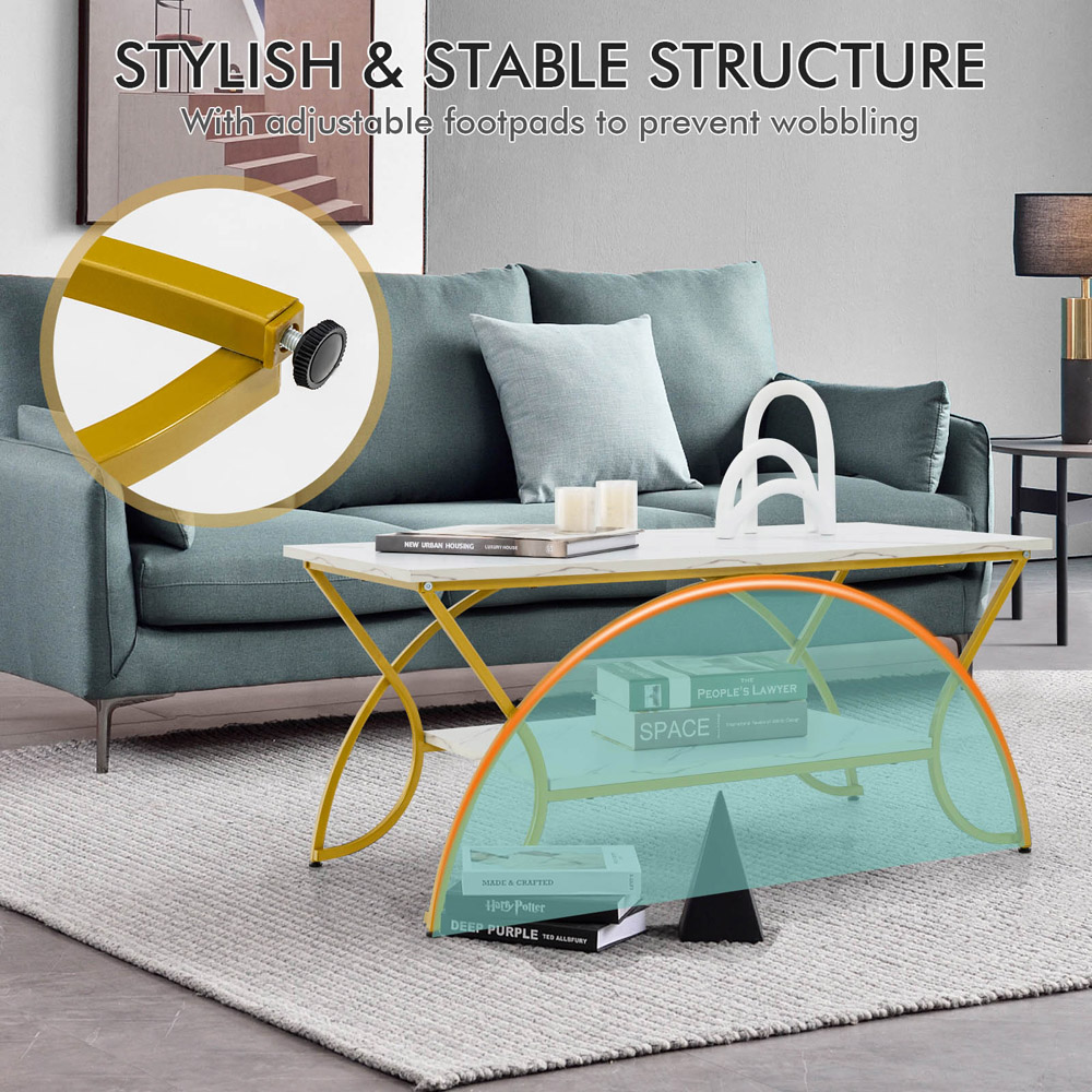 Costway Single Shelf White Faux Marble Coffee Table with Golden Metal Frame Image 8