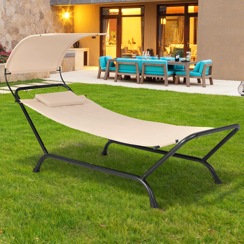 Costway Beige Canopy Garden Hammock with Cushion Image 1