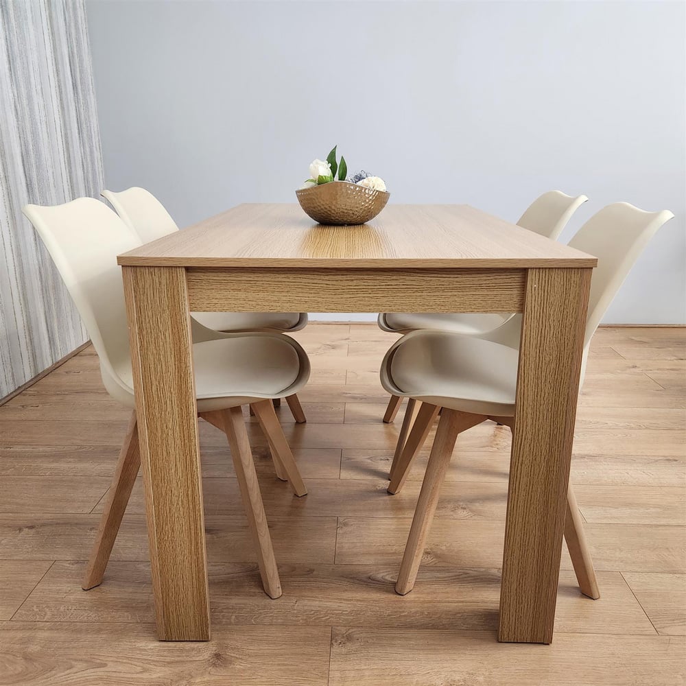 Portland 4 Seater Plastic and Leather Dining Set Oak Effect and Cream Image 3