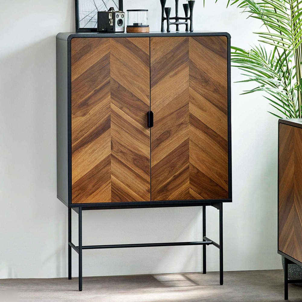 Julian Bowen Alvin 2 Door Black and Chevron Natural Wood Effect Storage Cabinet Image 1