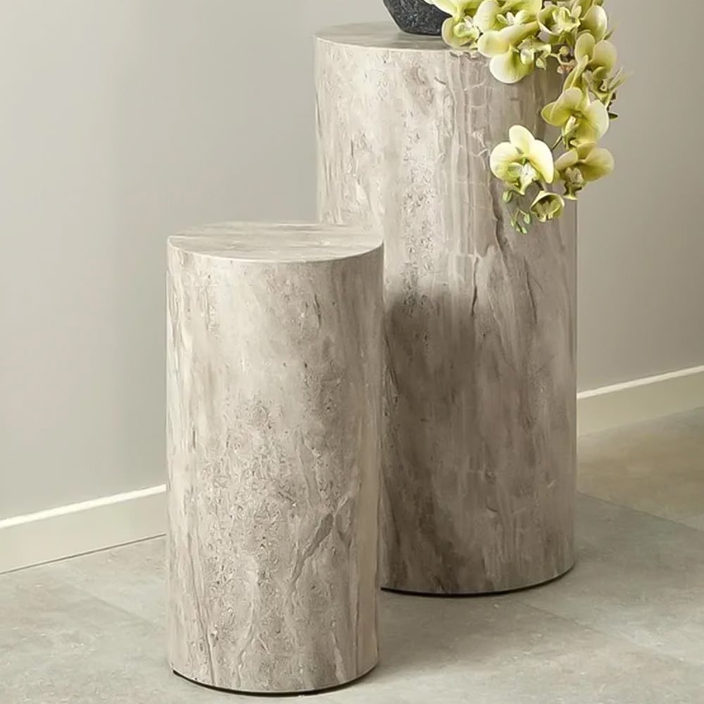 Florence Dice Grey Marble and River Rough Paper Effect Round Pedestal Set of 2 Image 1