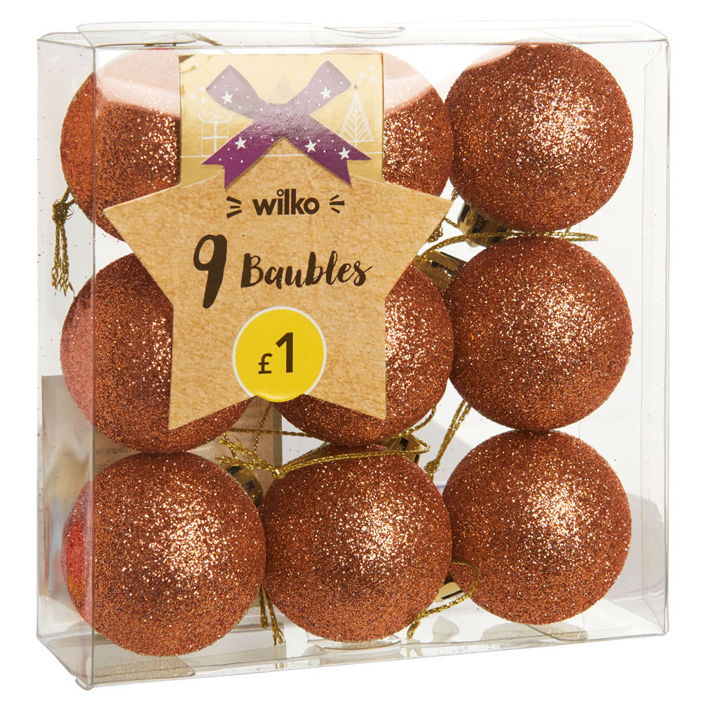 Wilko 9 pack Country Christmas Copper Glitter Baubles Image