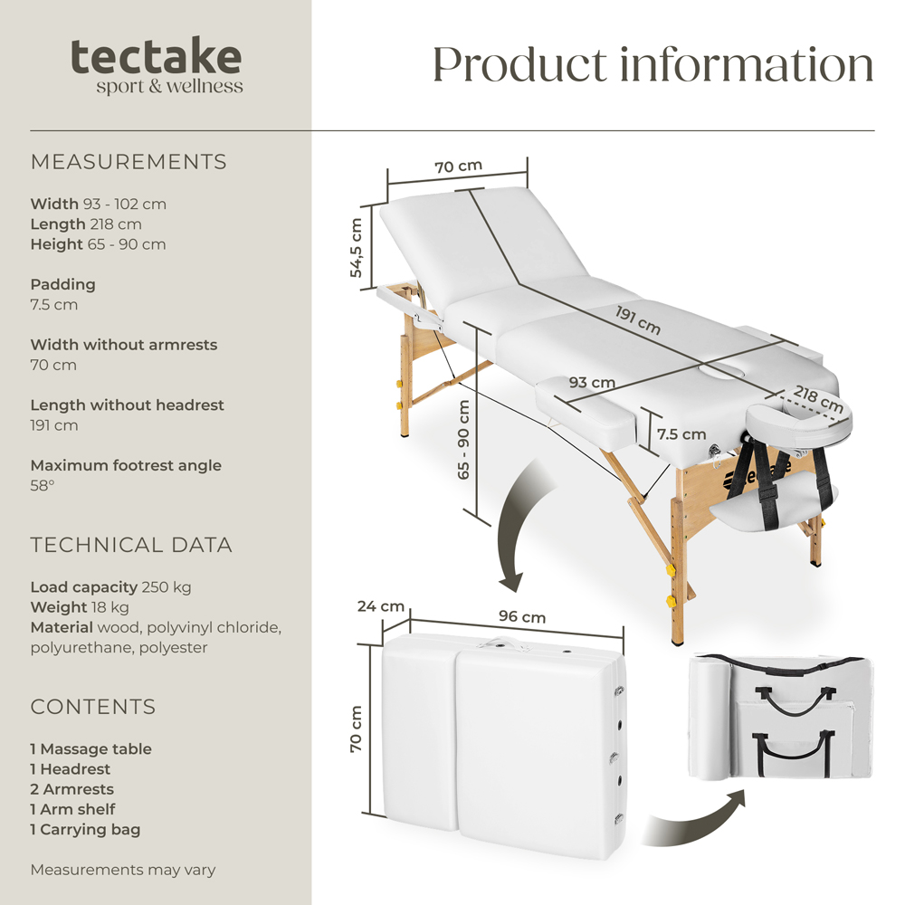 tectake White 3 Zone Portable Adjustable Massage Table with Headrest Armrests and Carry Bag Image 9