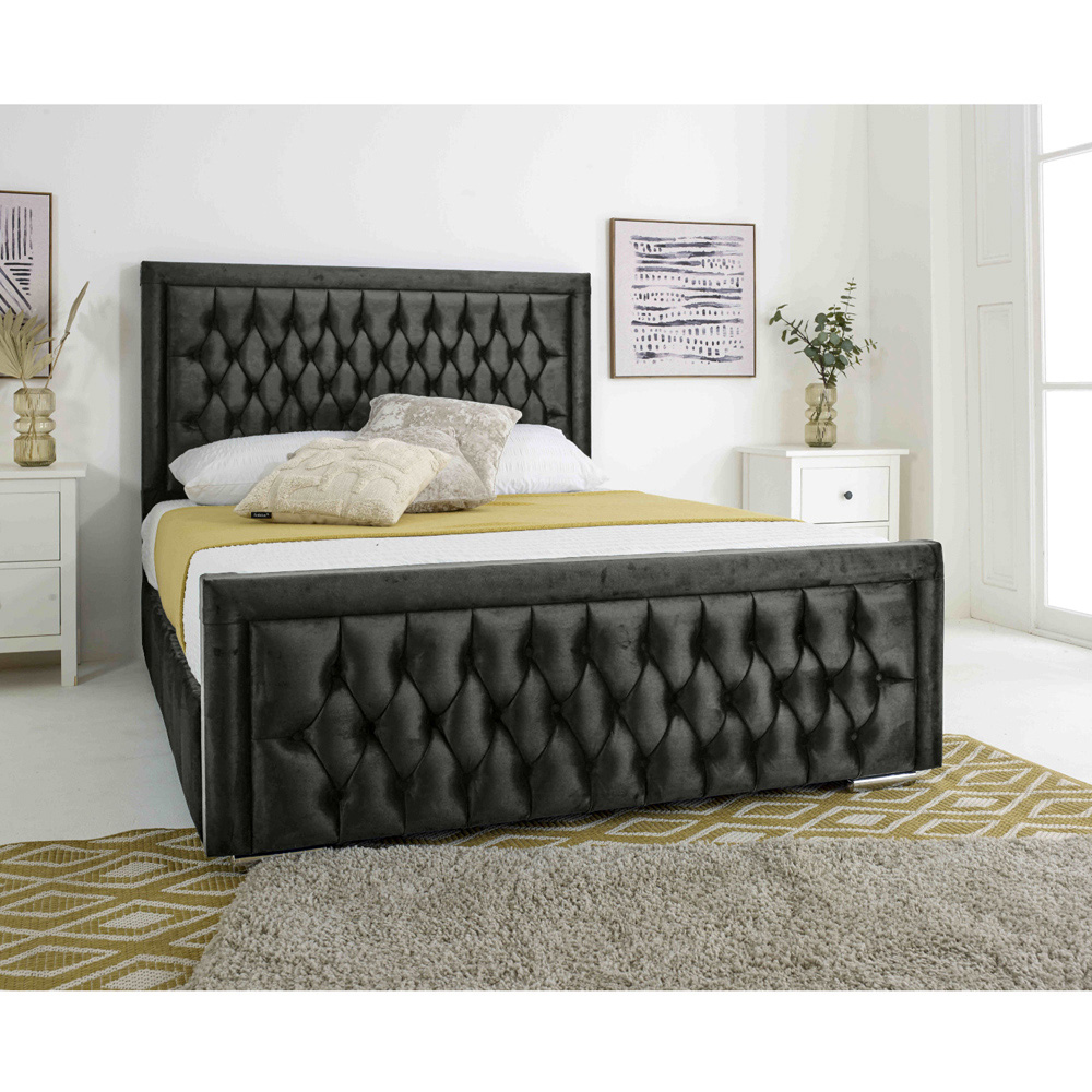 Eleganza Paloma King Size Black Plush Velvet Bed Frame with Headboard and Footboard Image 2