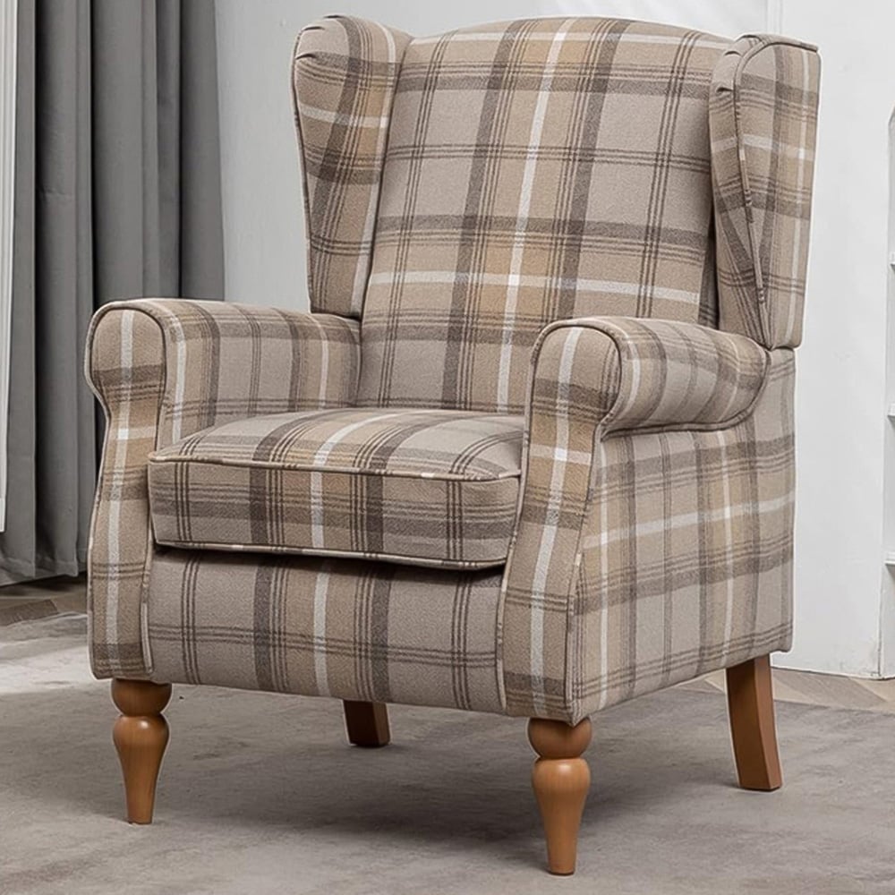 Furniture One Yellow Check Fabric Wing Back Fireside Armchair Image 1