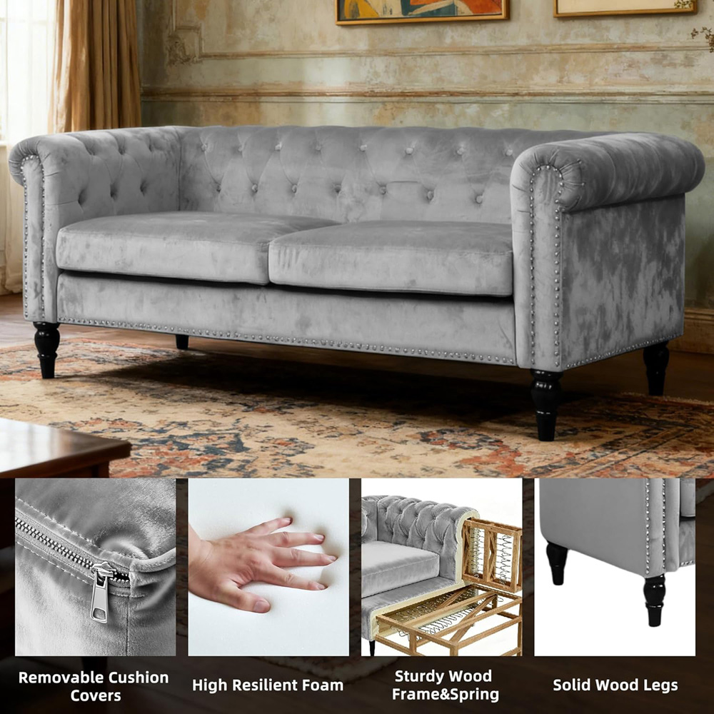 Alivio 2 Seater Grey Solid Wood Nailhead Trim Button Tufted Sofa Image 7