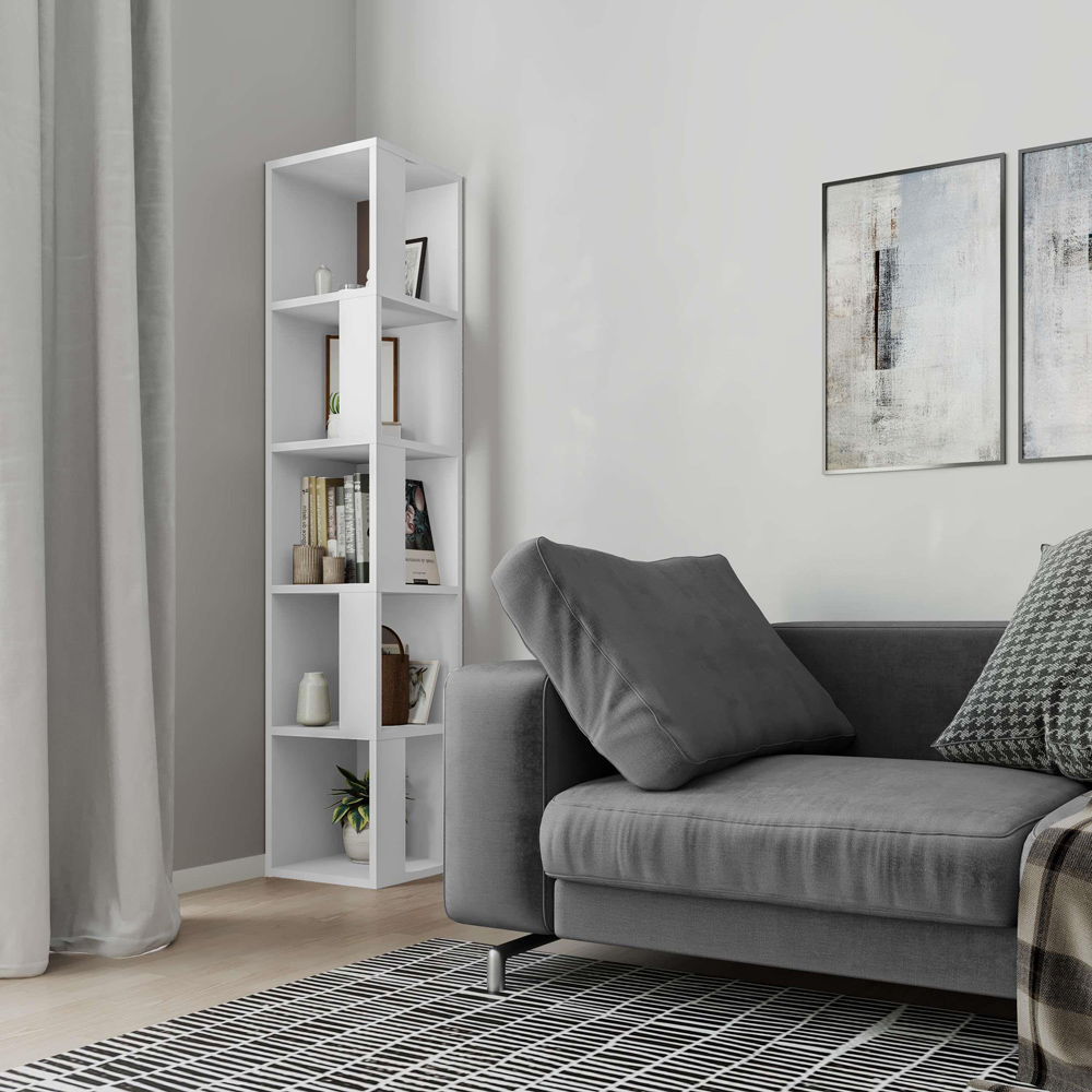 Decortie Piano 5 Shelf White Modern Corner Tall Bookcase Image 3
