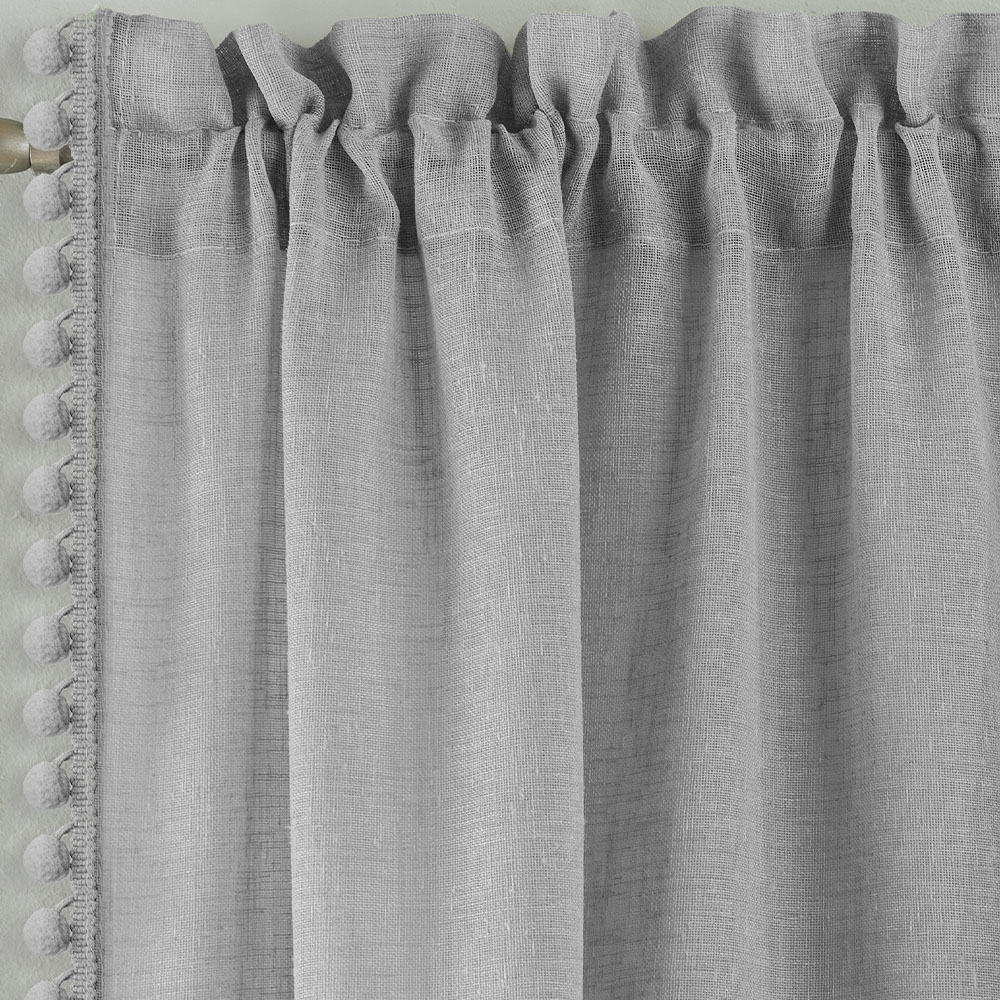 Tyrone Textiles Tahiti Grey Linen Look Pom Pom Trim Rod Pocket Voile Panel Curtains 140 x 122cm Image 2