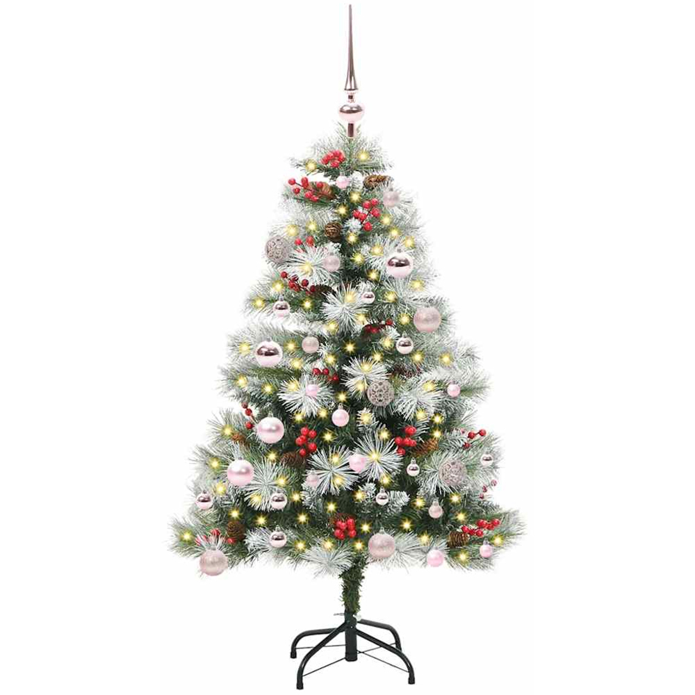 vidaXL Pre-Lit Pink Baubles Green Artificial Snow Flocked Christmas Tree 5ft Image 1