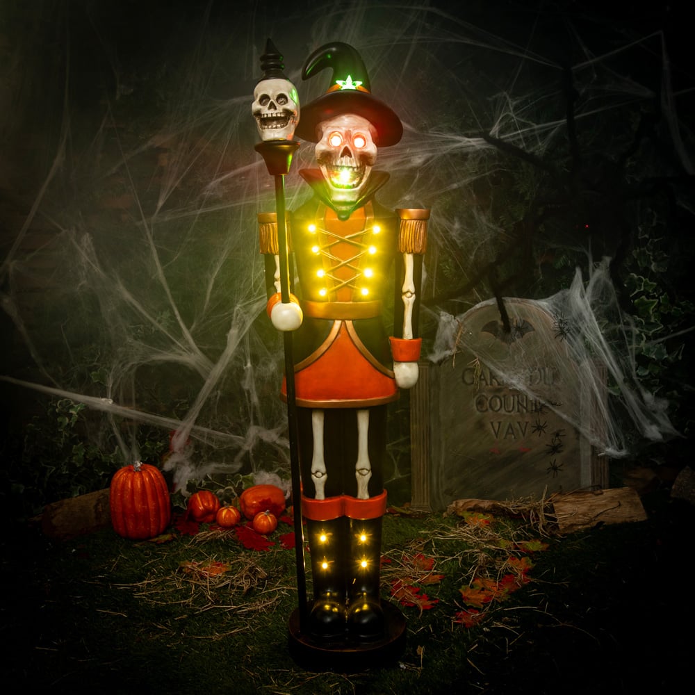 Orange and Black Skeleton Nutcracker with Skull Staff Halloween Decoration 4ft Image 6