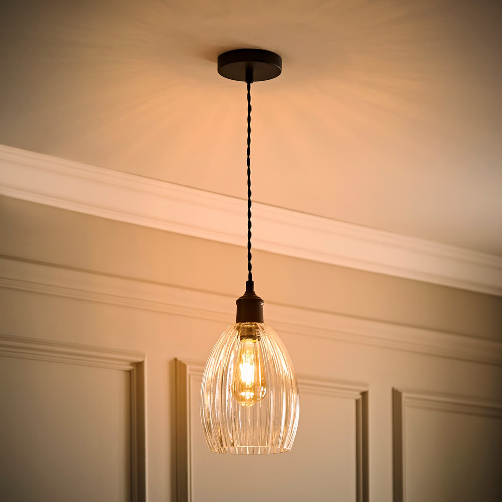 ValueLights Cheltenham Ribbed Shade Matte Black Ceiling Pendant Light with Bulb Image 2