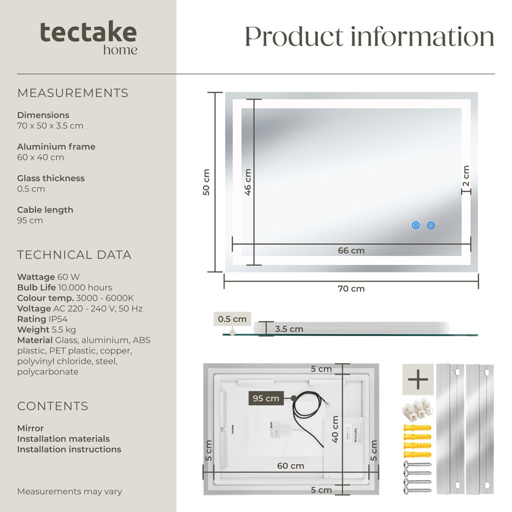 tectake Clara Multicolour Anti-Fog Frameless Rectangular LED Bathroom Wall Mirror 70 x 50cm Image 8
