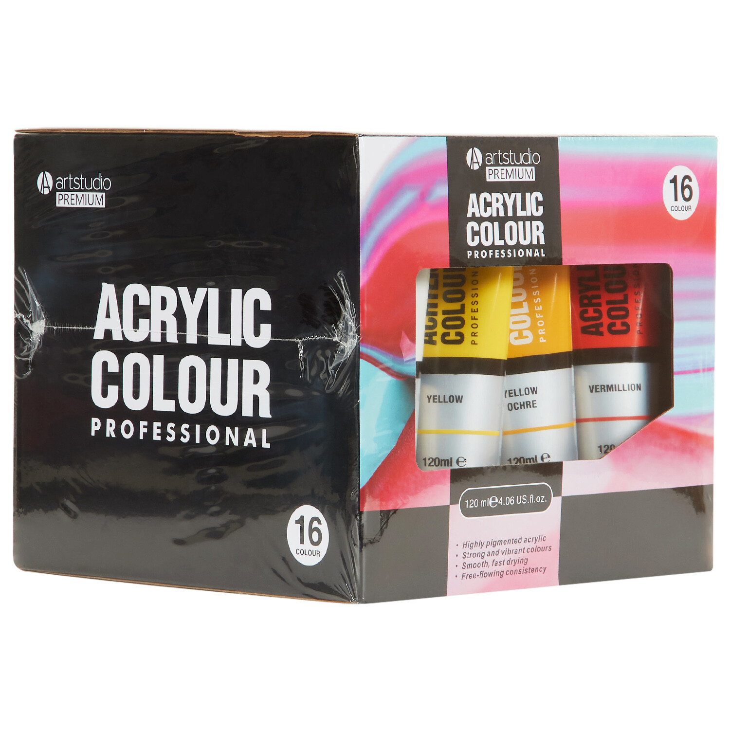 Pack of 16 Art Studio Professional Acrylic Colours - Multicolour Image 2