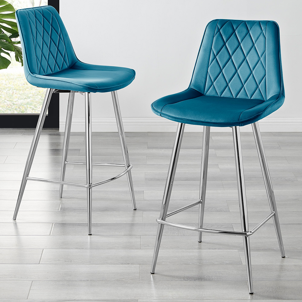 Furniturebox Set of 2 Blue and Silver Velvet Bar Chairs Image 1