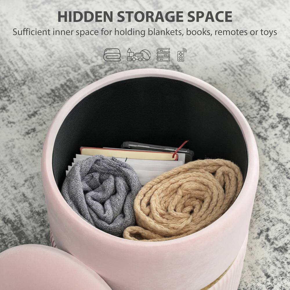 Portland Pink Velvet Round Pouffe Footstool with Storage Image 8