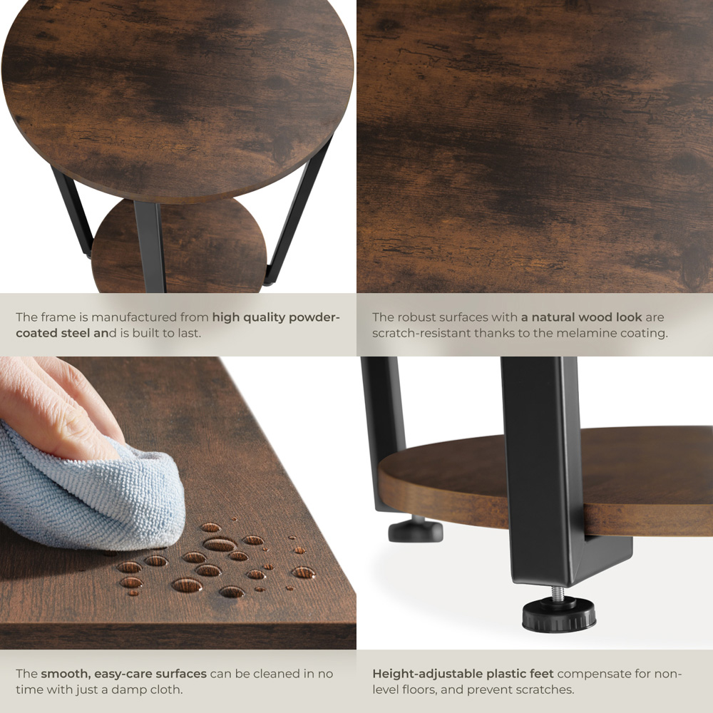 Tectake Swindon Single Shelf Round Rustic Dark Wood Bedside Table Image 5