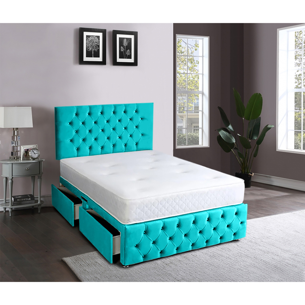 Eleganza Home Serenova Small Double Teal Plush Velvet 2 Drawer Divan Bed with Headboard Image 2
