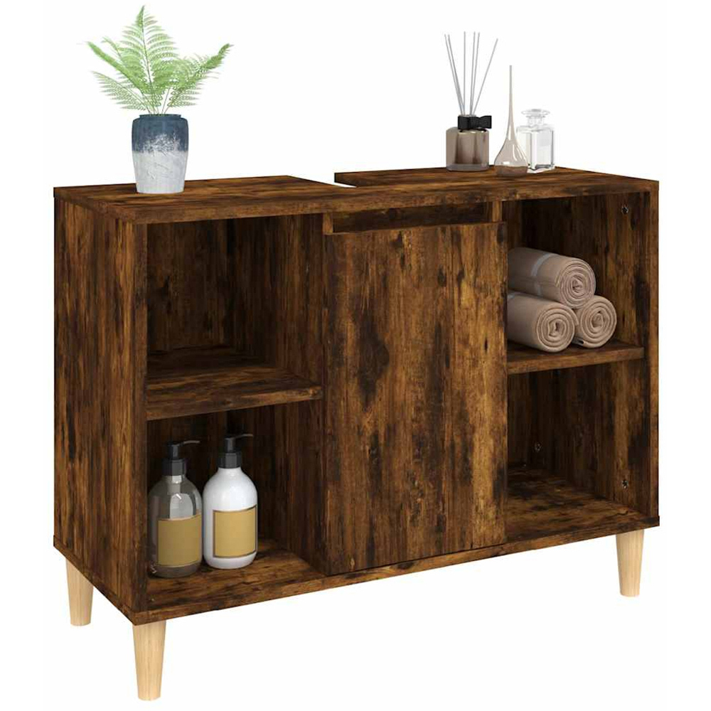 vidaXL Single Door 4 Open Shelf Smoked Oak Bathroom Sink Cabinet Image 3