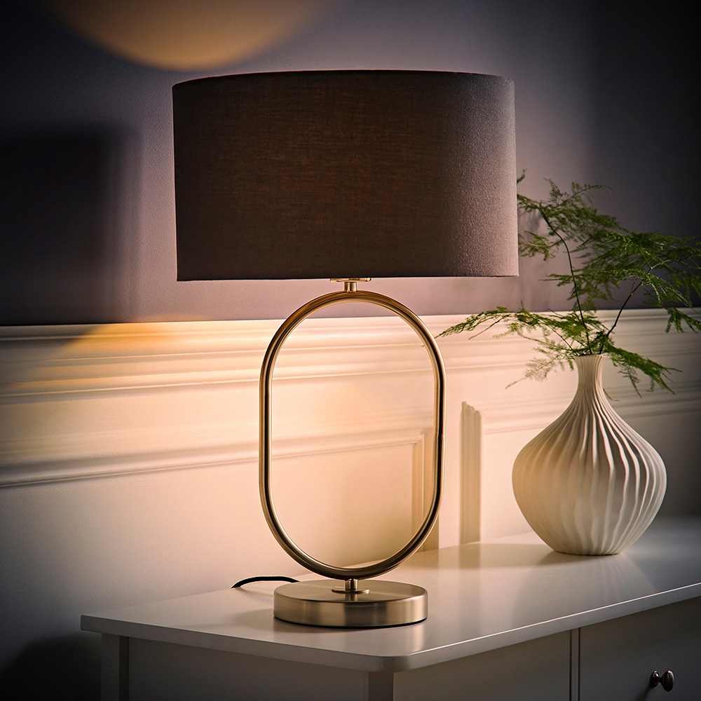 ValueLights Antonia Charcoal Fabric Drum Lamp Shade Brushed Chrome Oval LED Table Lamp Image 2