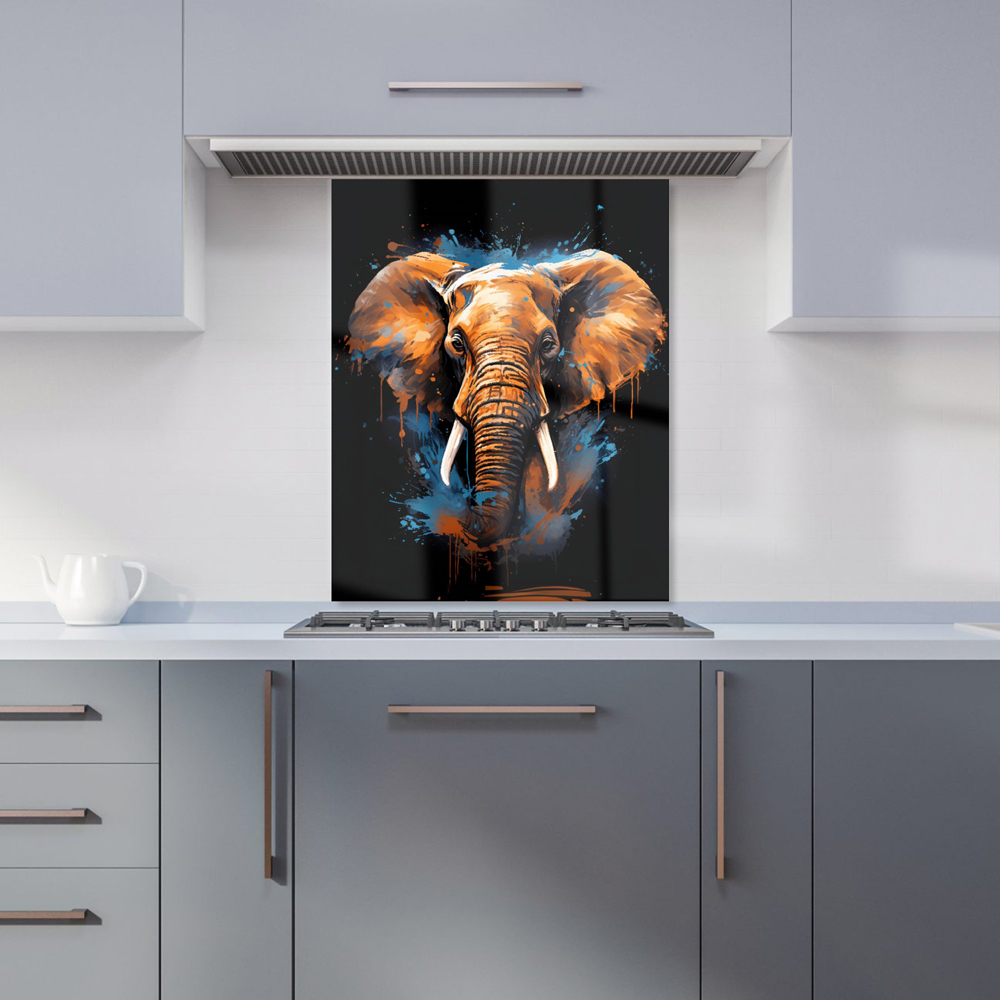 Warren Reed Designer Splashart Elephant Blue Glass Kitchen Splashback 75 x 60cm Image 1
