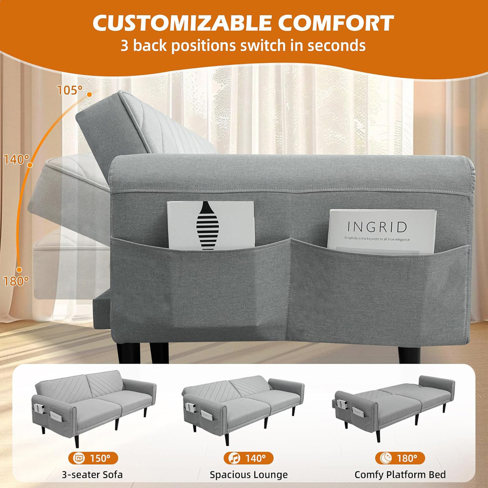 Alivio 2-in-1 Single Grey Adjustable Convertible Sofa Bed with Side Pockets Image 5