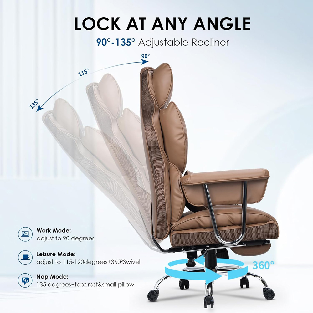 Rattrix Brown Leather Ergonomic High Back Swivel Office Chair with Footrest Image 6