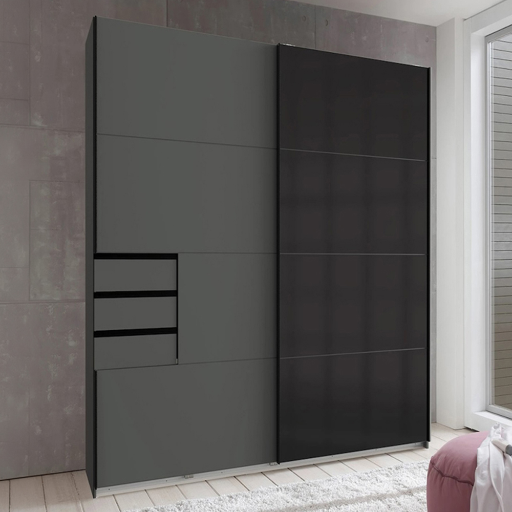 TJ'S Saigon Single Sliding Glass Door 3 Drawer Graphite Black Wardrobe Image 1