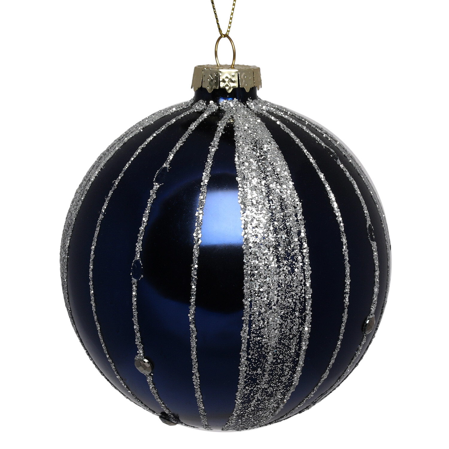 Midnight Fantasy Navy and Silver Glitter Stripe Bauble Single Ornament Image