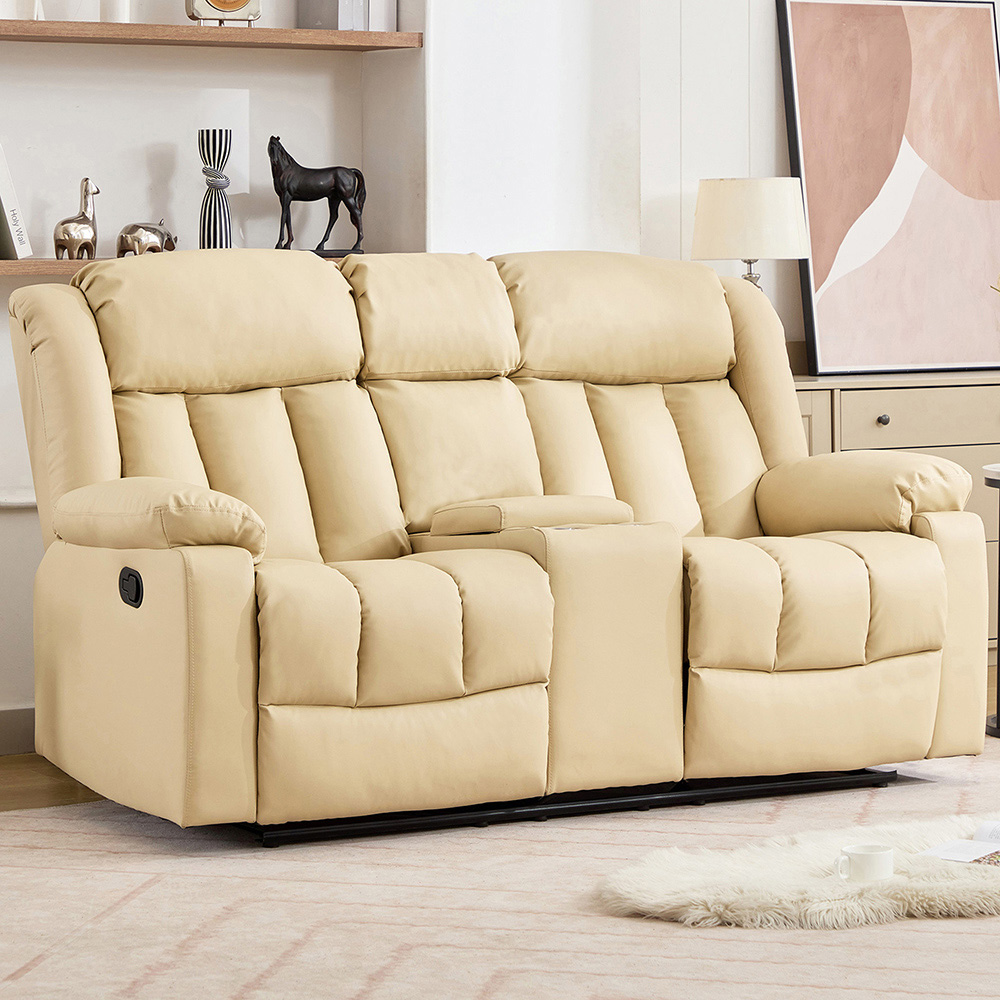 Artemis Home Sheridan 2 Seater Cream Leather Manual Recliner Sofa with Central Console Image 1