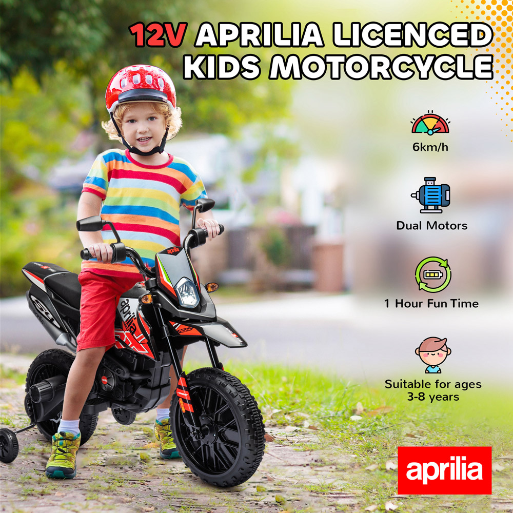 Tommy Toys Red Aprilia Licensed Kids Motorbike with Training Wheels 12V Image 4
