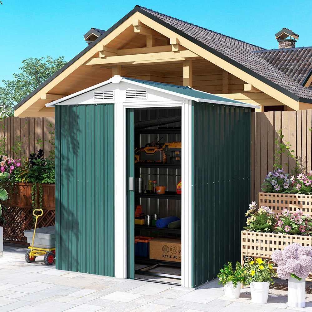 Outsunny 3.6 x 4.5ft Green Metal Apex Garden Tool Shed Image 3