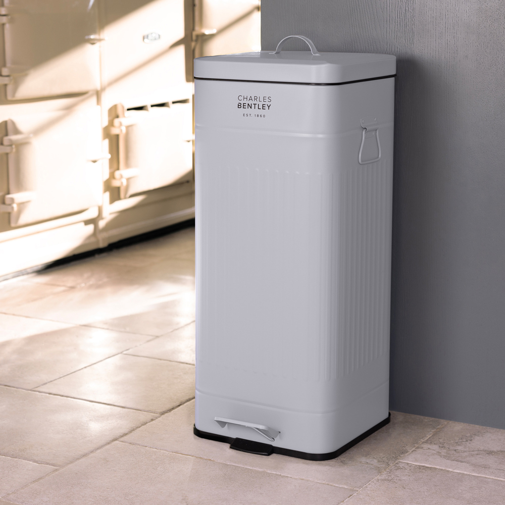 Charles Bentley Retro Square Steel Light Grey Kitchen Pedal Bin 30L Image 2