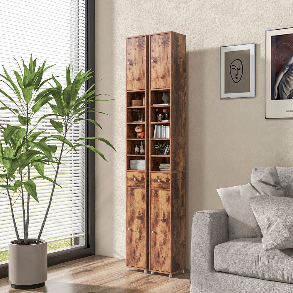 Costway Single Drawer 2 Door 5 Shelf Rustic Brown Tall Freestanding Bathroom Cabinet Image 3