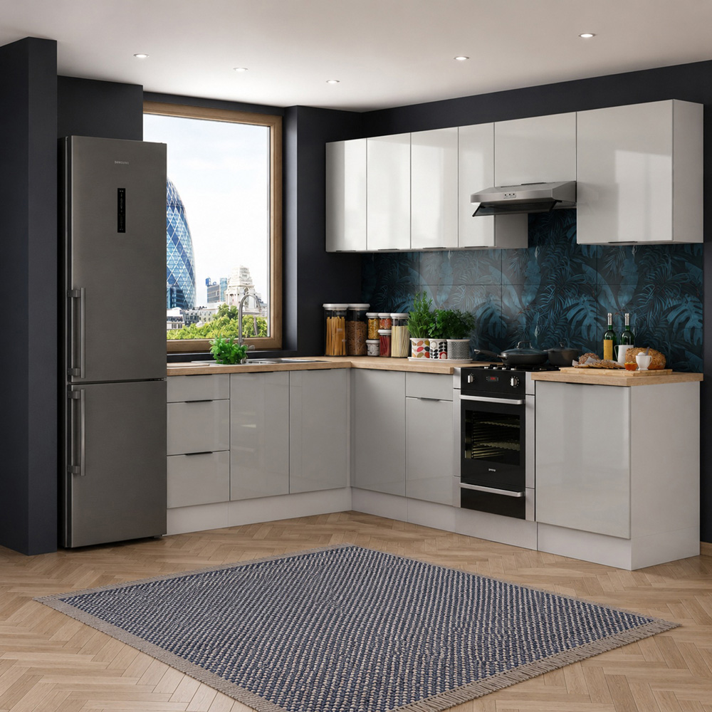 Impact Furniture Star Light Grey Gloss L Shaped Kitchen Corner Cabinet Set of 10 Image 2