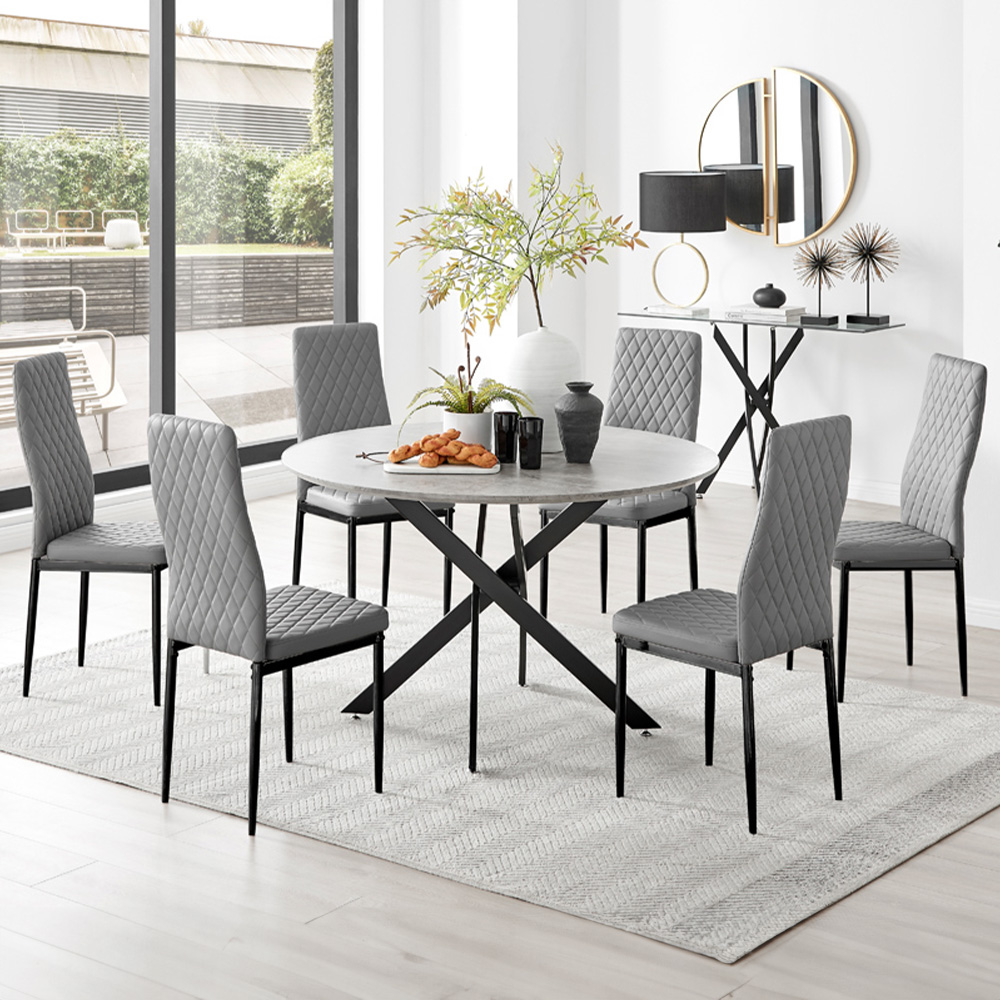 Furniturebox Arona Valera Concrete Effect 6 Seater Round Dining Set Grey and White Image 1