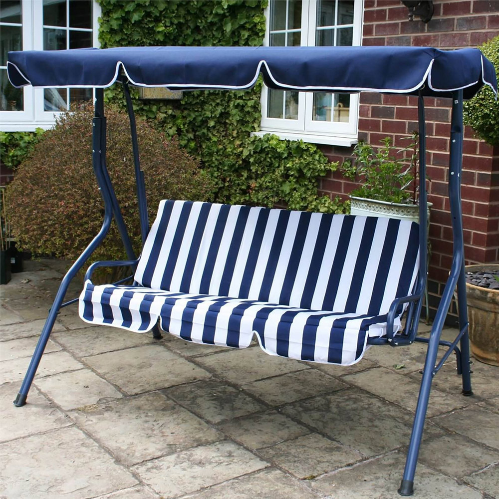 Charles Bentley 3 Seater Blue and White Garden Swing Seat Image 1