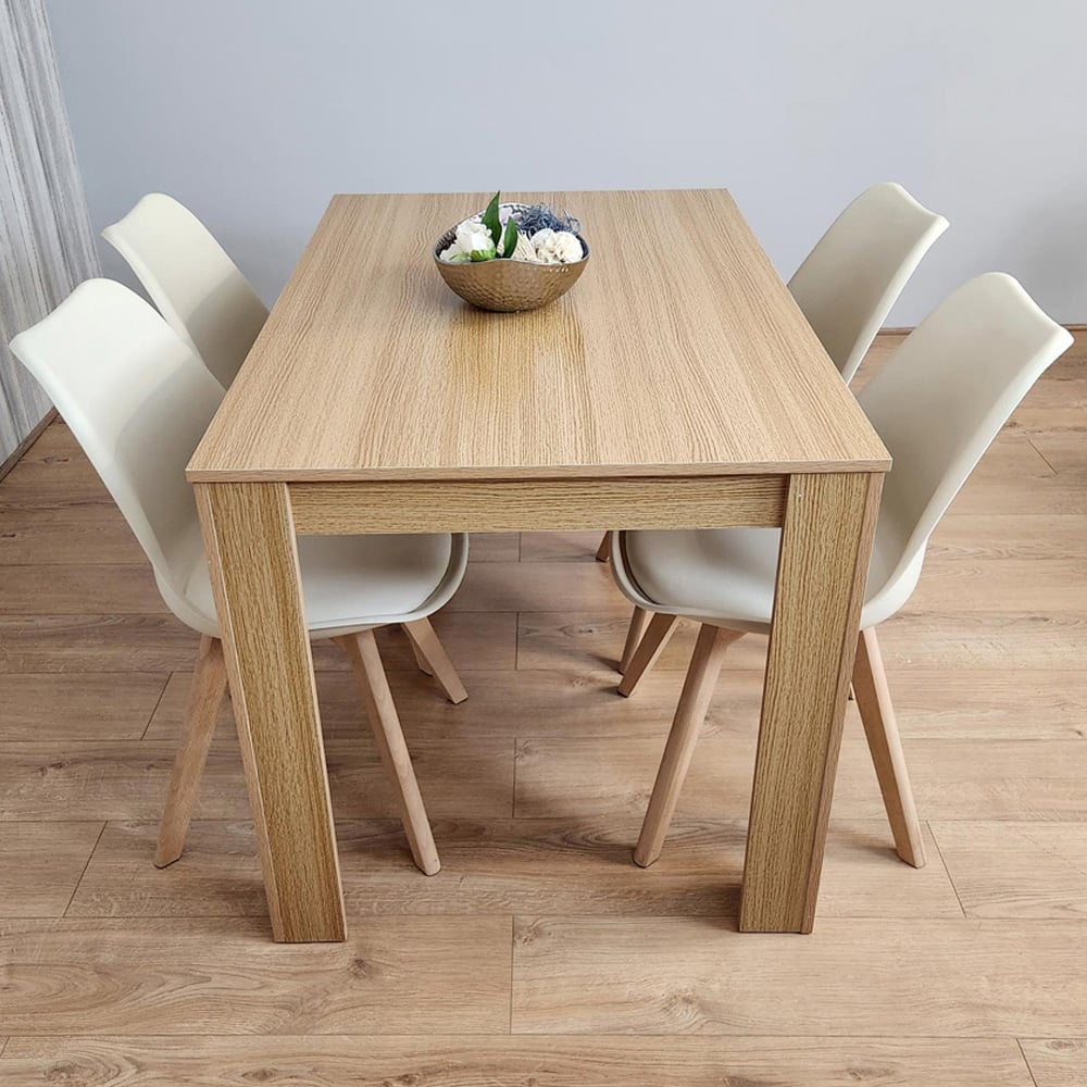 Portland 4 Seater Plastic and Leather Dining Set Oak Effect and Cream Image 1