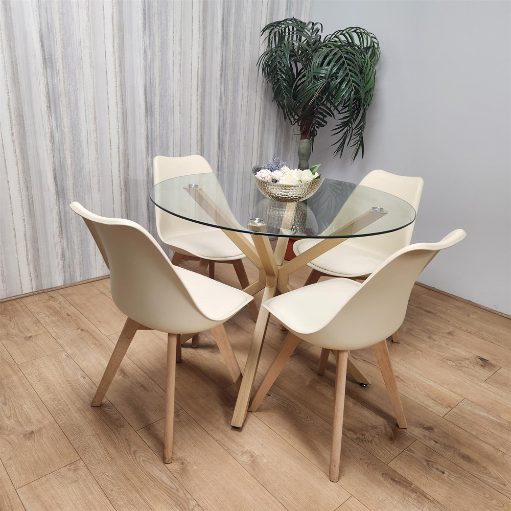 Kosy Koala 4 Seater Glass and Plastic Round Dining Table Set Oak Effect and Cream Image 6