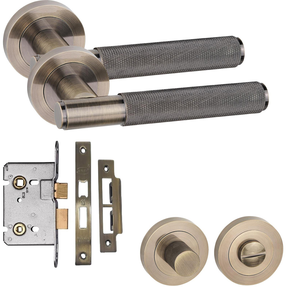 Golden Grace Straight T-Bar Knurled Antique Brass Bathroom Door Handles Thumbturn and Mortise Lock Set Image 1